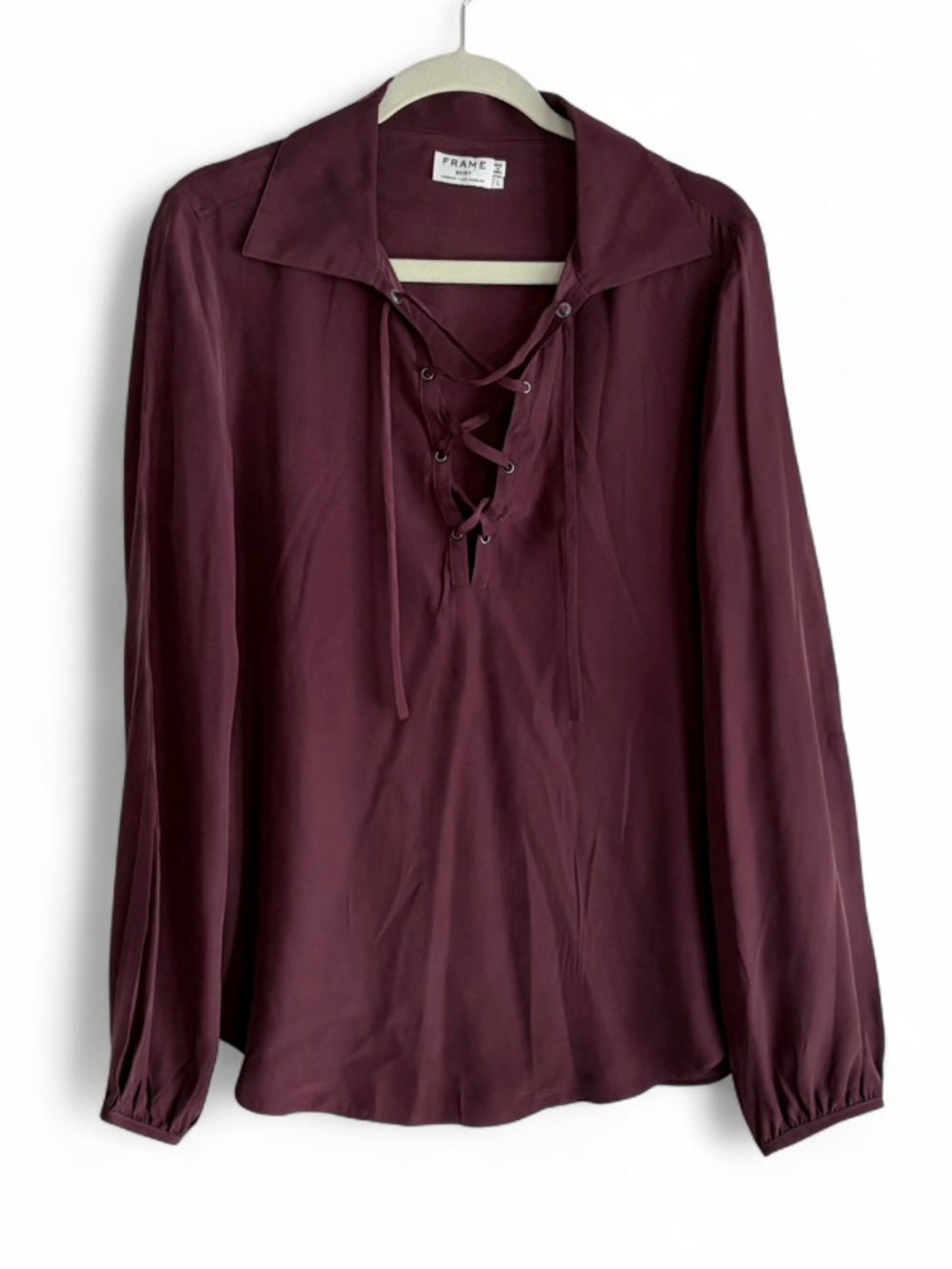 Frame Women's Burgundy Long Sleeve Lace Up Collared Silk Blouse Size L